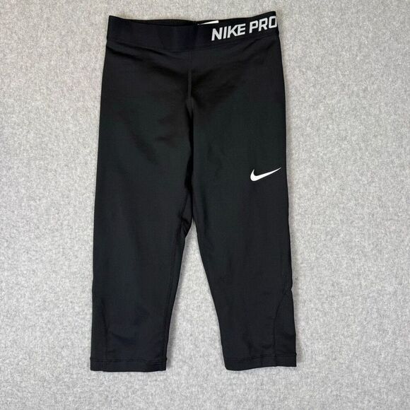Nike Pro Womens Size Large Elastic Waist Cropped Leggings Black Pull On - Picture 1 of 7